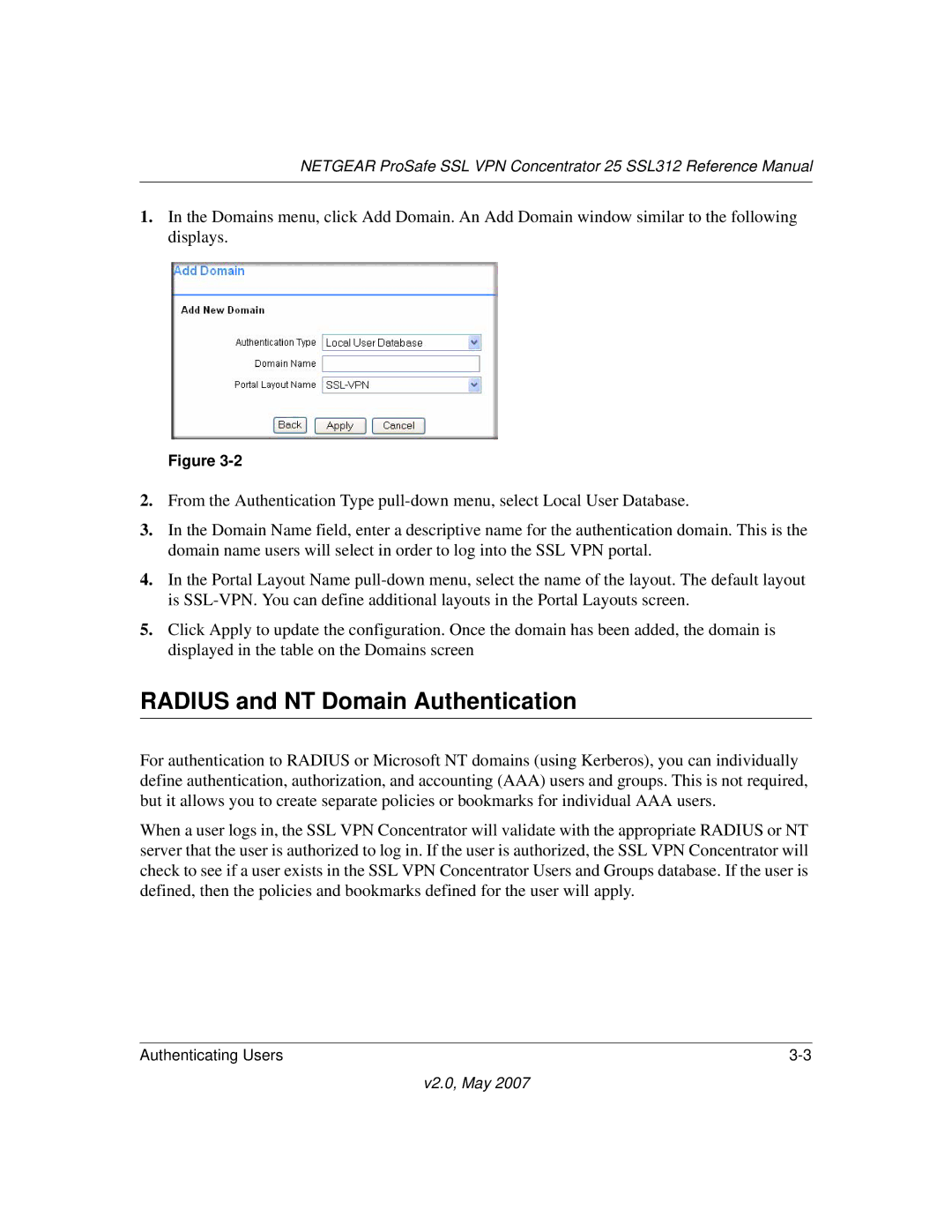 NETGEAR SSL312 manual Radius and NT Domain Authentication 