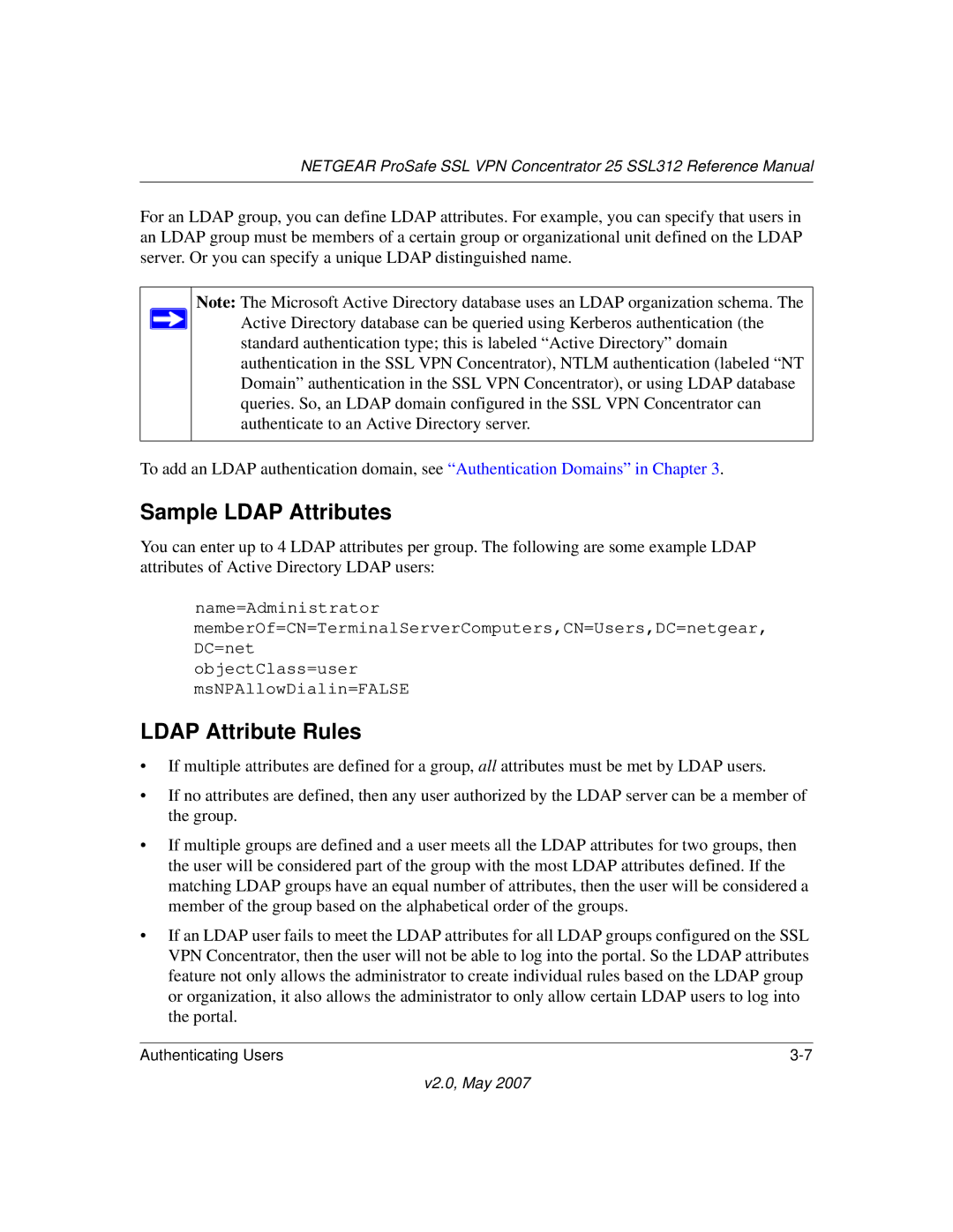 NETGEAR SSL312 manual Sample Ldap Attributes, Ldap Attribute Rules 