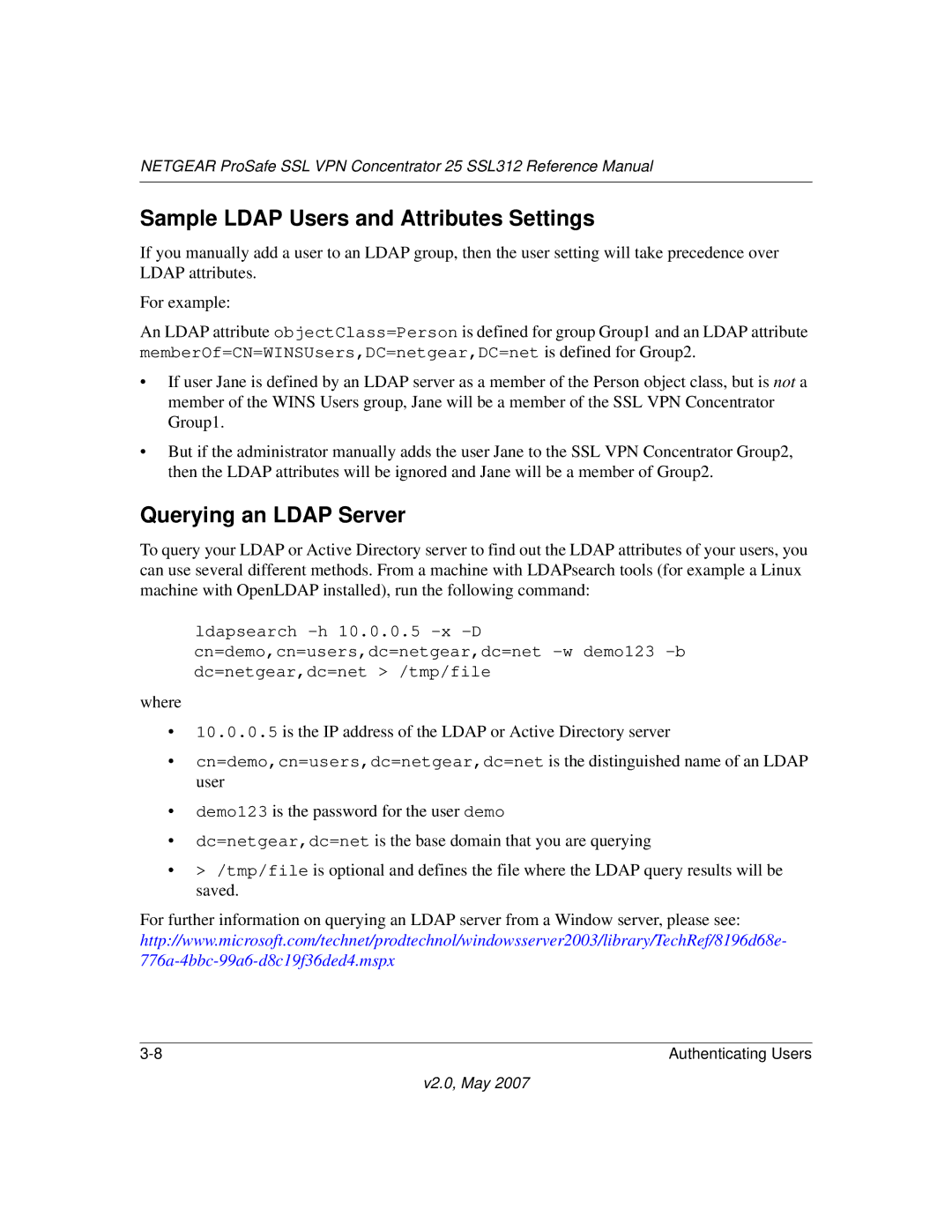 NETGEAR SSL312 manual Sample Ldap Users and Attributes Settings, Querying an Ldap Server 