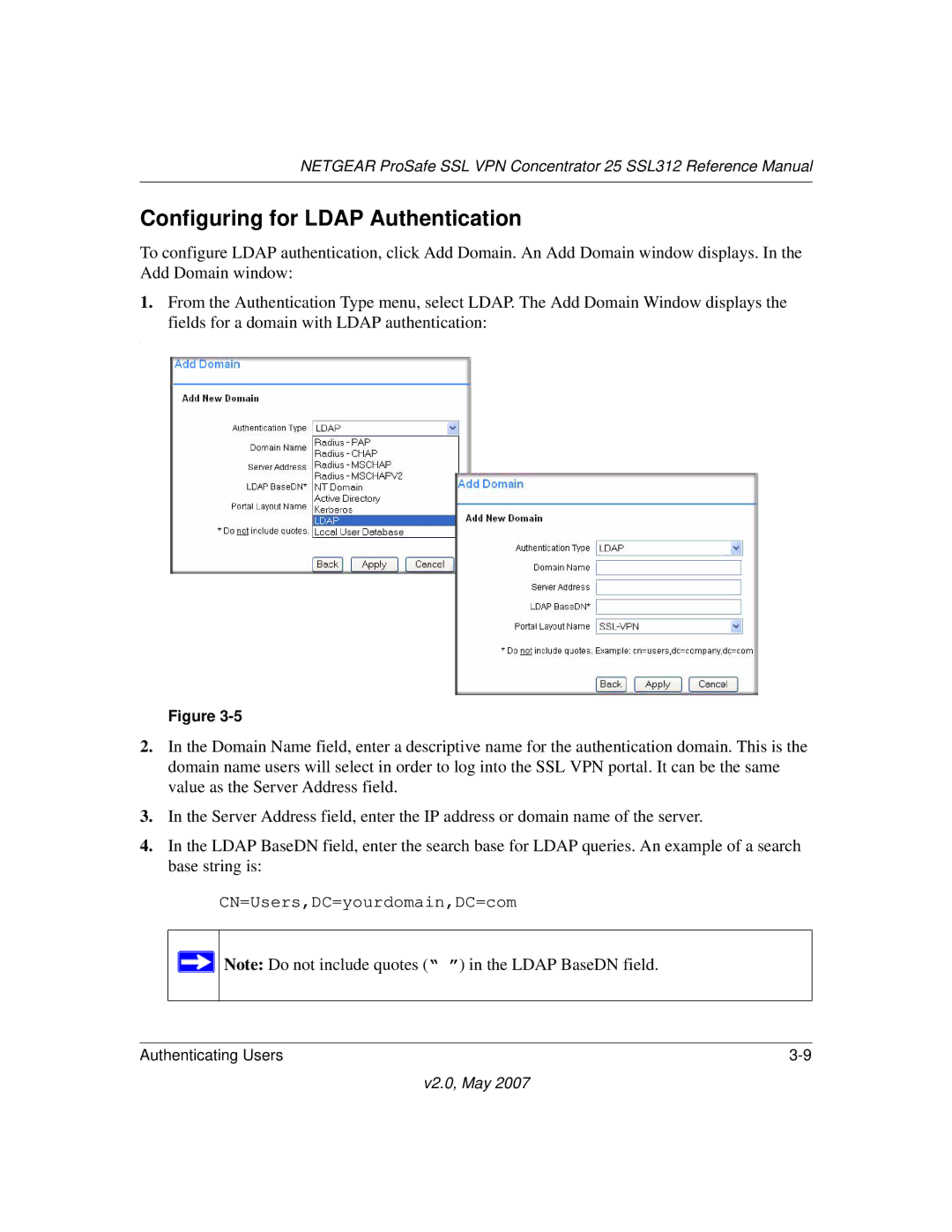 NETGEAR SSL312 manual Configuring for Ldap Authentication, CN=Users,DC=yourdomain,DC=com 