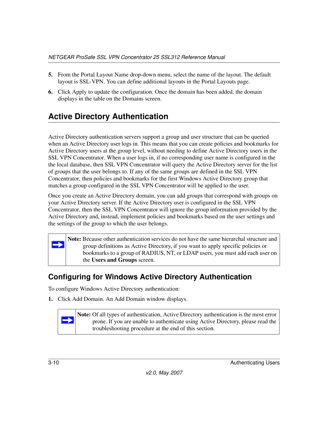 NETGEAR SSL312 manual Configuring for Windows Active Directory Authentication 