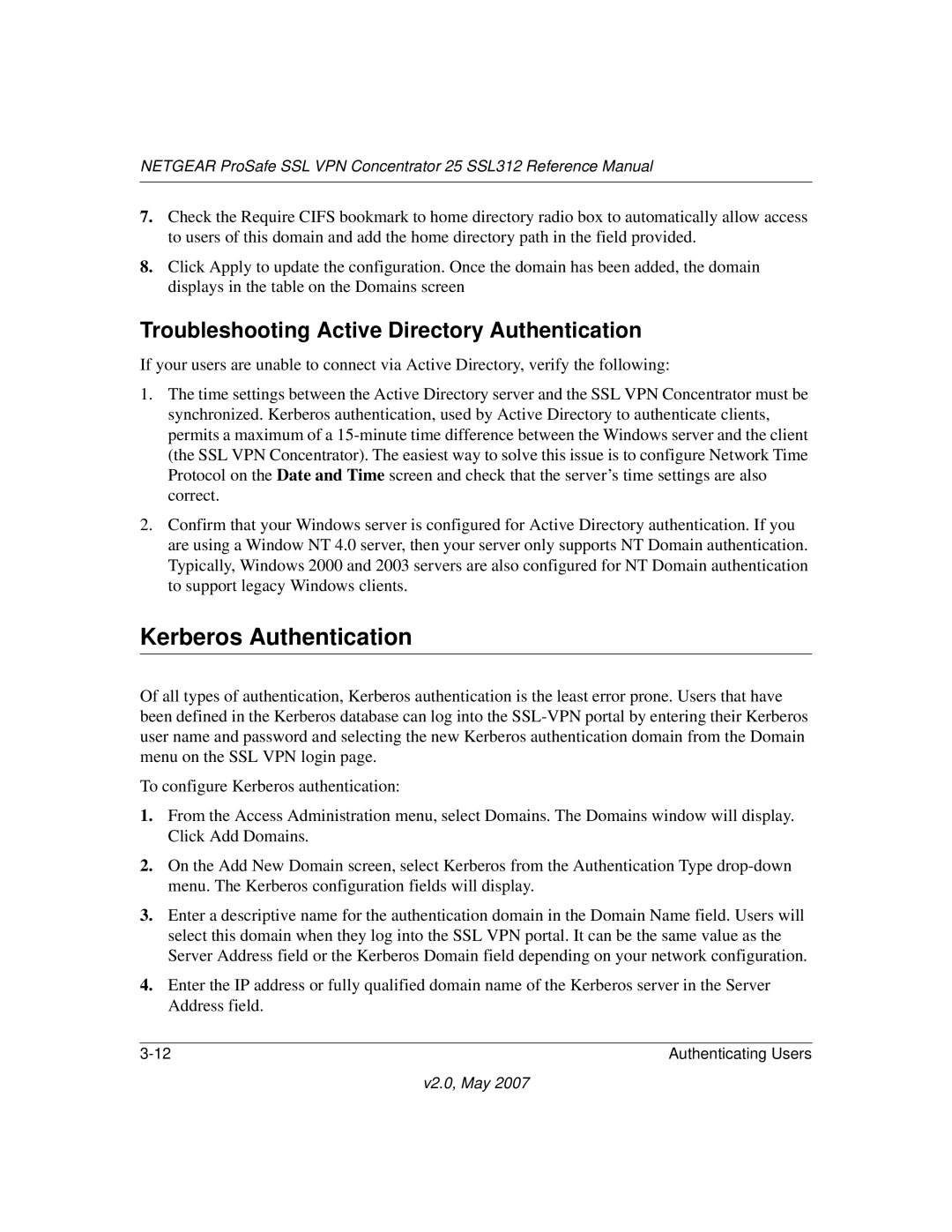 NETGEAR SSL312 manual Kerberos Authentication, Troubleshooting Active Directory Authentication 