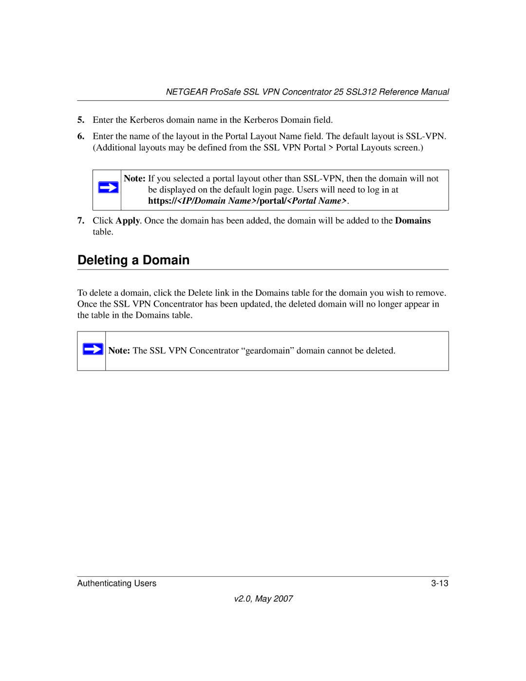 NETGEAR SSL312 manual Deleting a Domain, Https//IP/Domain Name/portal/Portal Name 