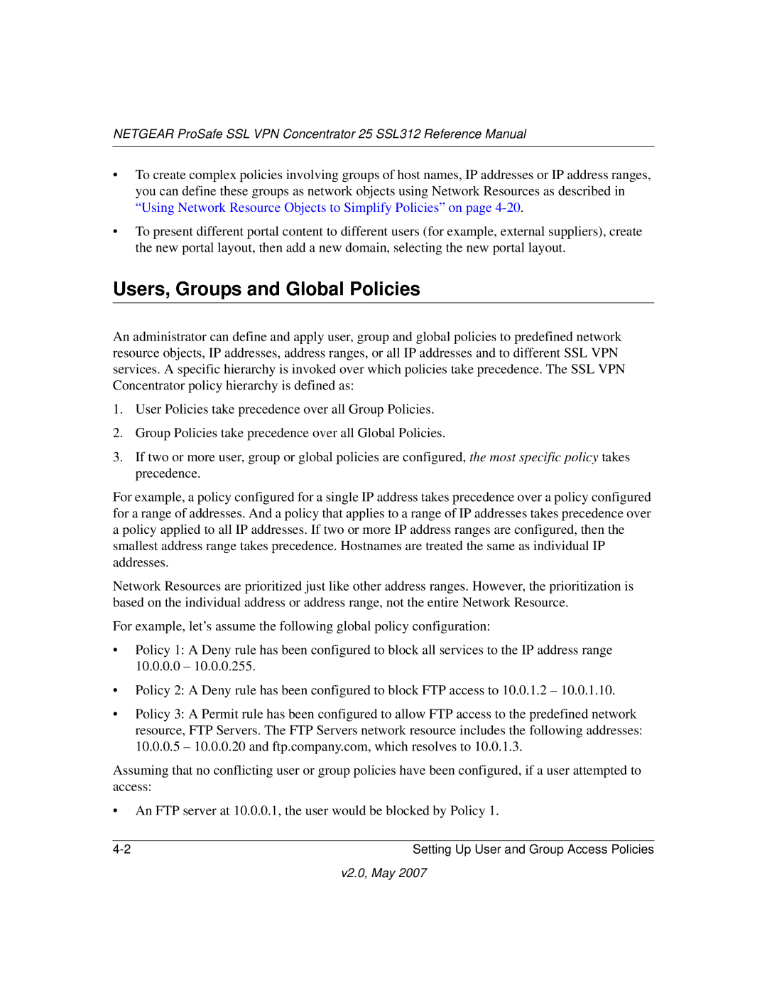 NETGEAR SSL312 manual Users, Groups and Global Policies 