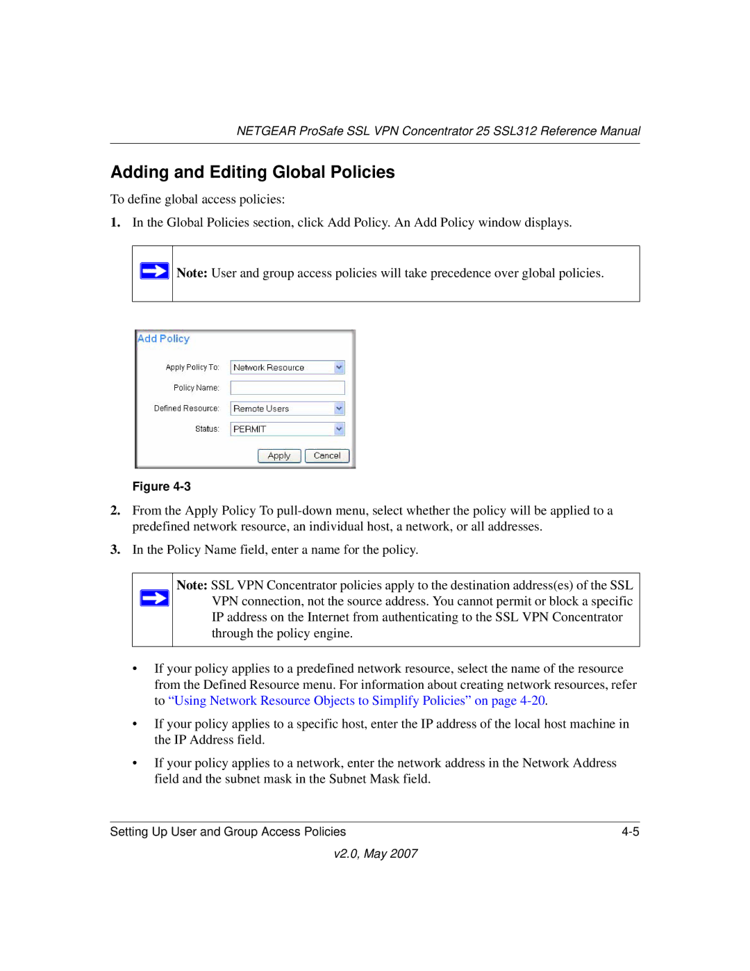 NETGEAR SSL312 manual Adding and Editing Global Policies 