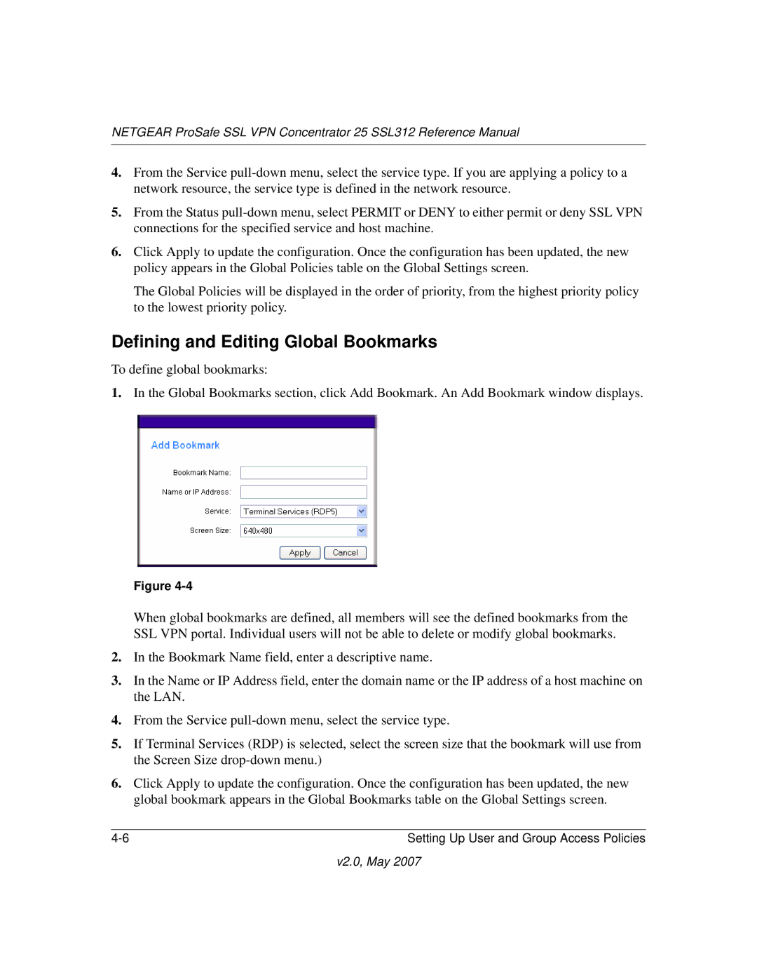 NETGEAR SSL312 manual Defining and Editing Global Bookmarks 