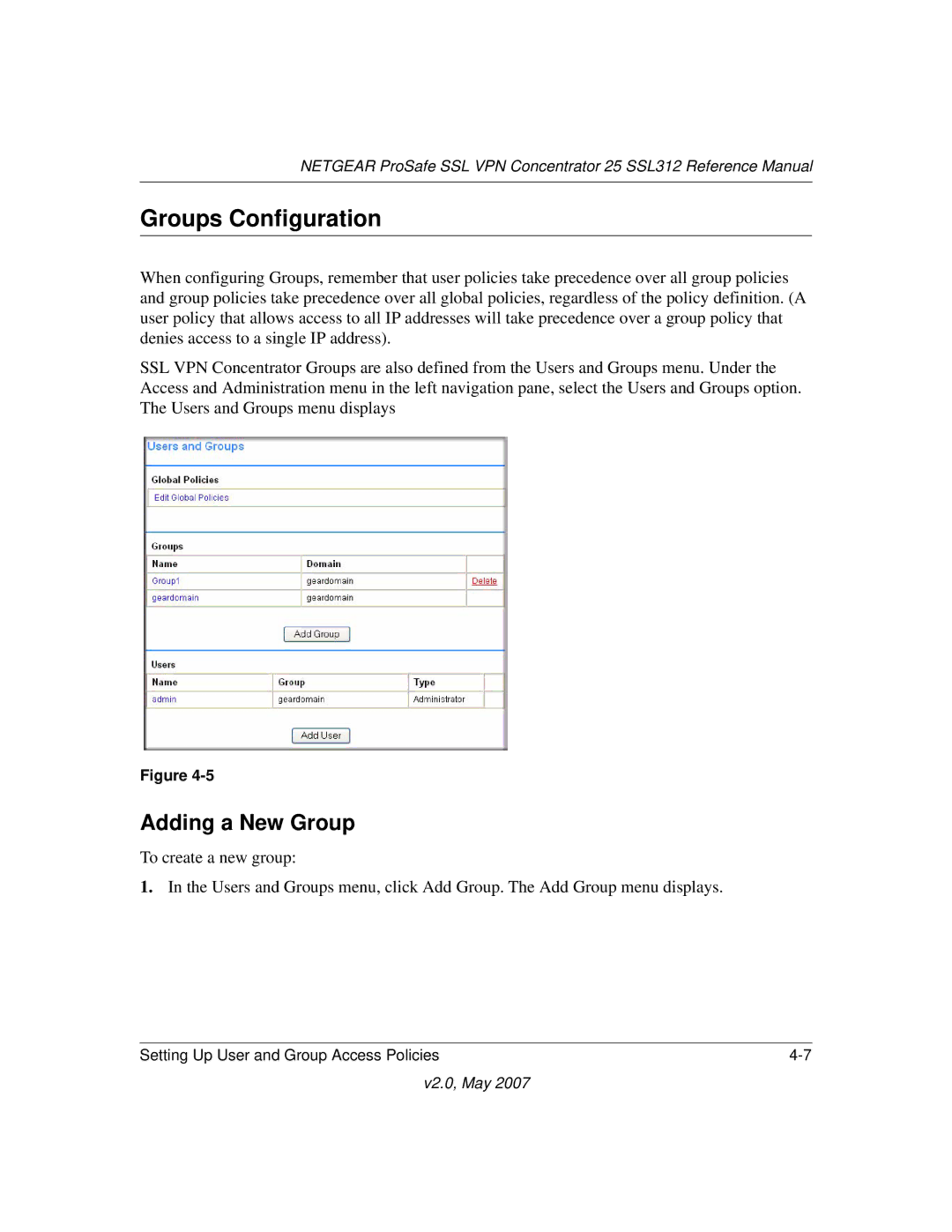 NETGEAR SSL312 manual Groups Configuration, Adding a New Group 