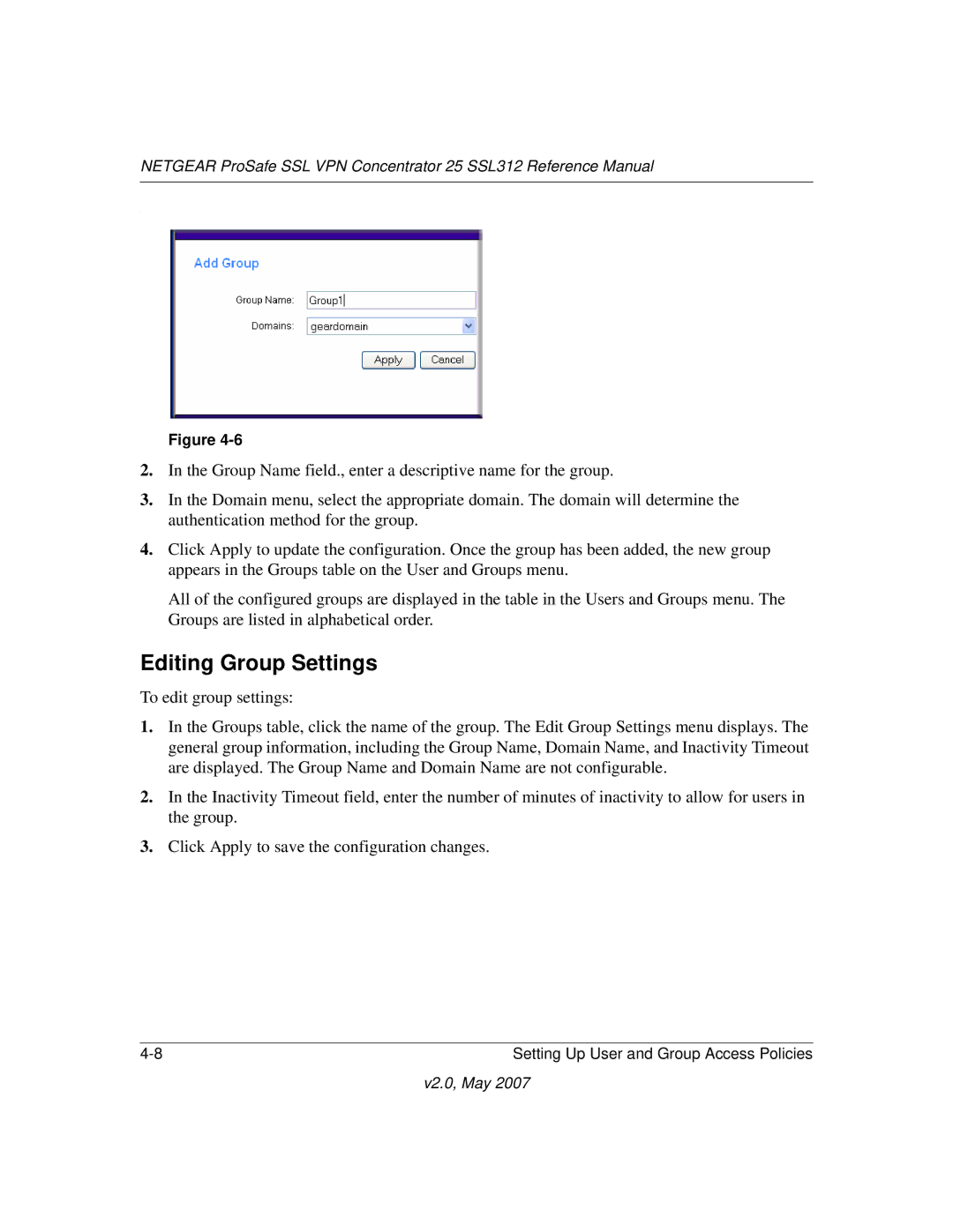 NETGEAR SSL312 manual Editing Group Settings 