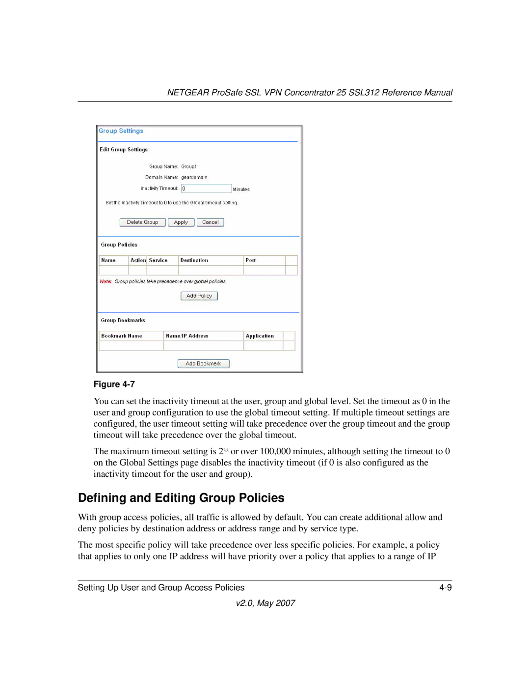 NETGEAR SSL312 manual Defining and Editing Group Policies 