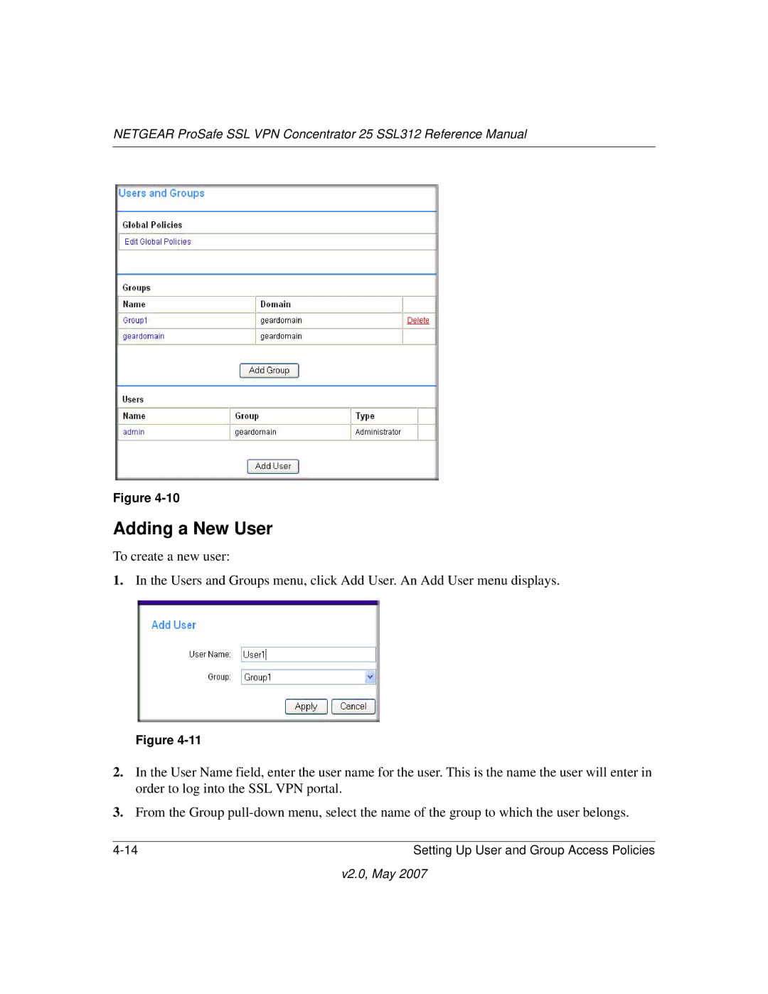 NETGEAR SSL312 manual Adding a New User 