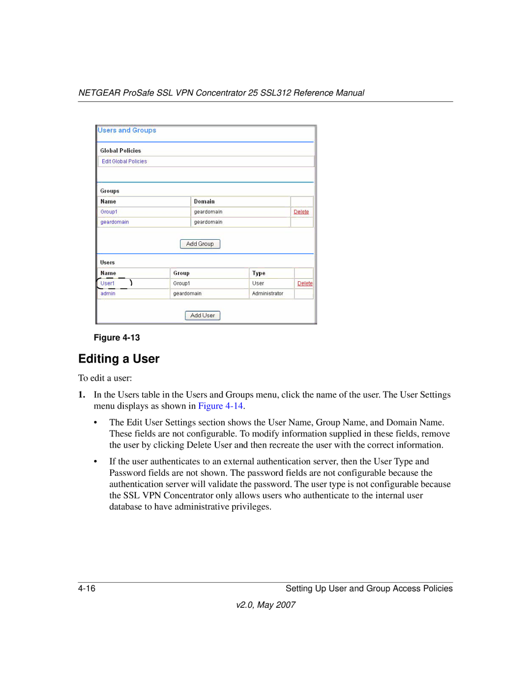 NETGEAR SSL312 manual Editing a User 