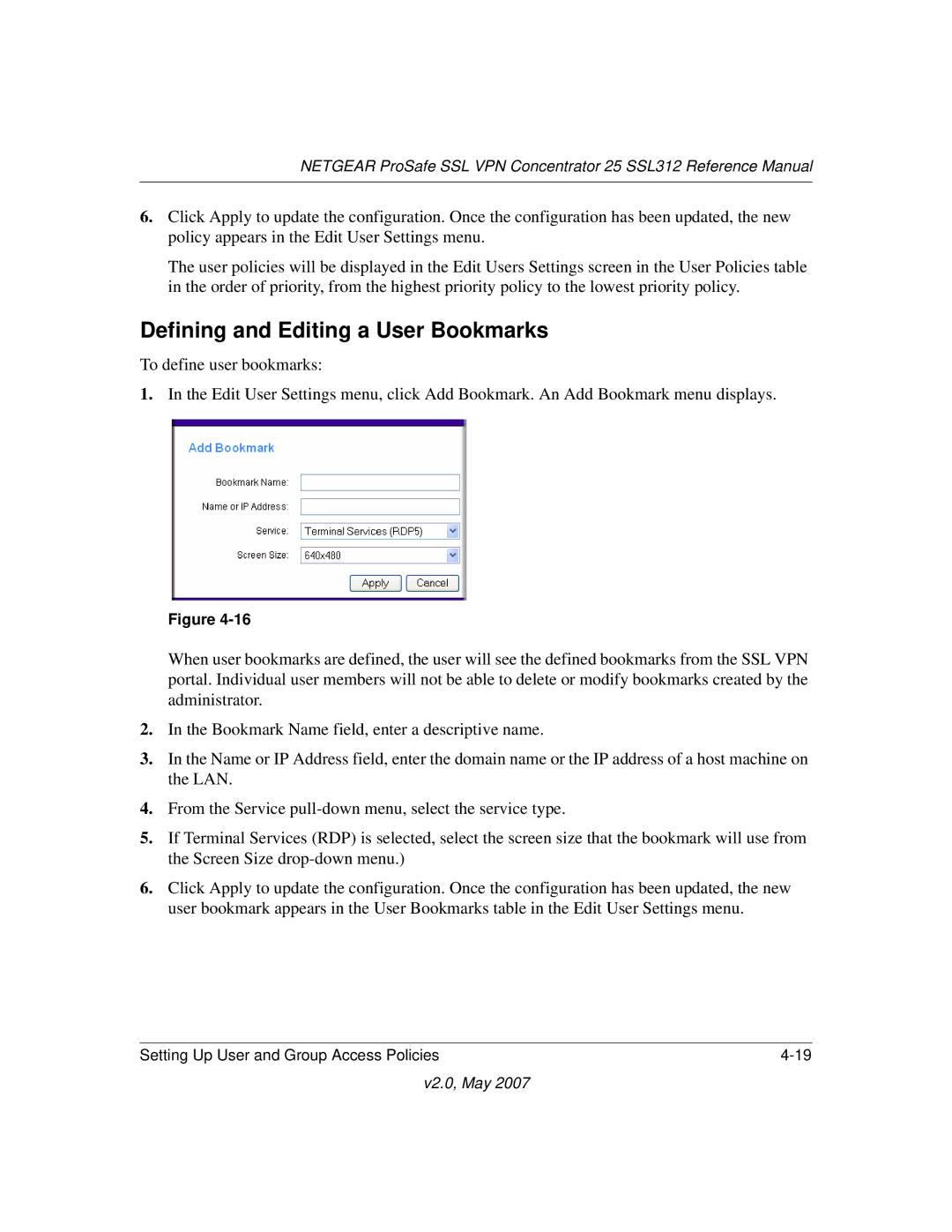 NETGEAR SSL312 manual Defining and Editing a User Bookmarks 