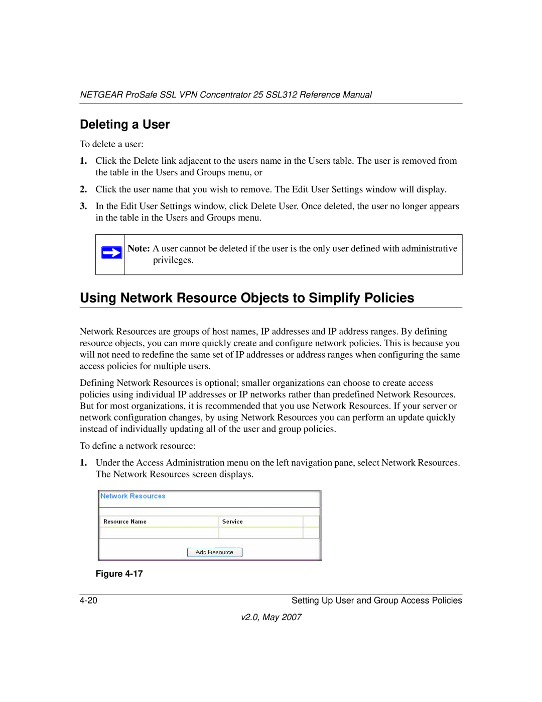 NETGEAR SSL312 manual Using Network Resource Objects to Simplify Policies, Deleting a User 