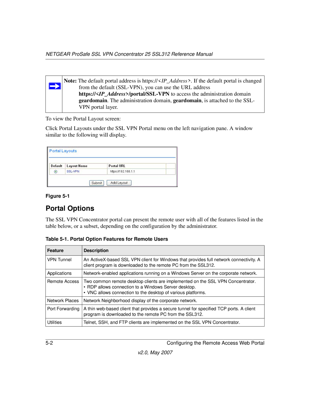 NETGEAR SSL312 manual Portal Options, Portal Option Features for Remote Users 