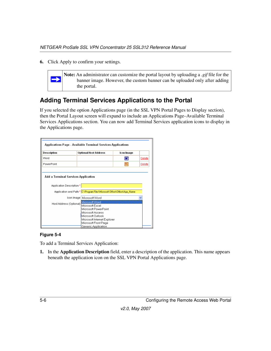 NETGEAR SSL312 manual Adding Terminal Services Applications to the Portal 