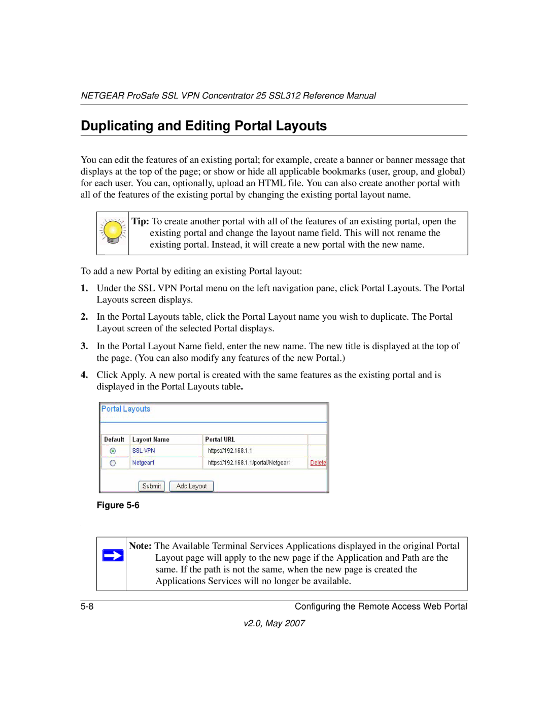 NETGEAR SSL312 manual Duplicating and Editing Portal Layouts 