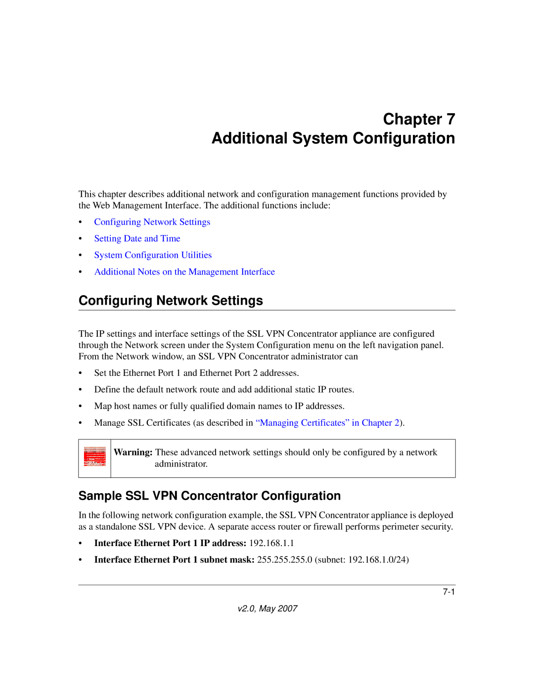 NETGEAR SSL312 manual Chapter Additional System Configuration, Configuring Network Settings 