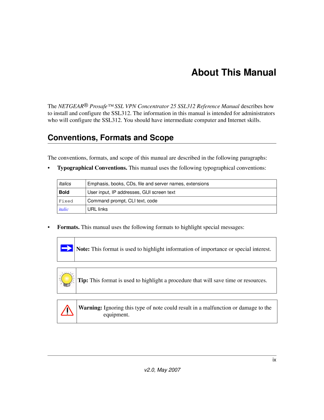 NETGEAR SSL312 manual About This Manual, Conventions, Formats and Scope 