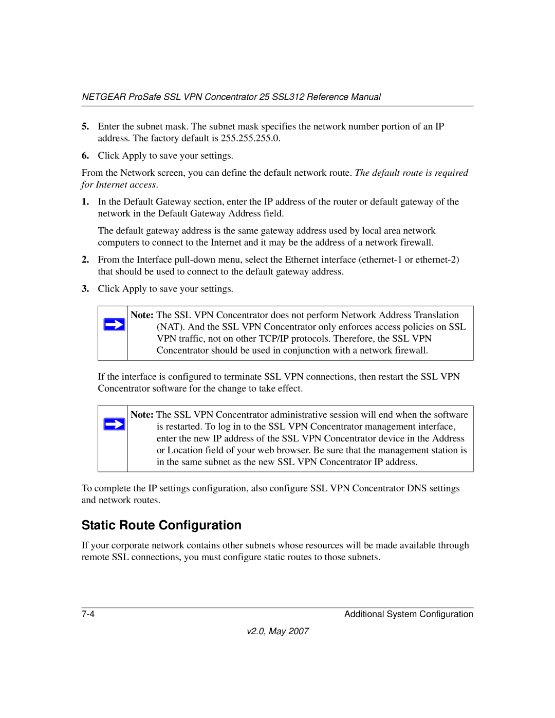 NETGEAR SSL312 manual Static Route Configuration 