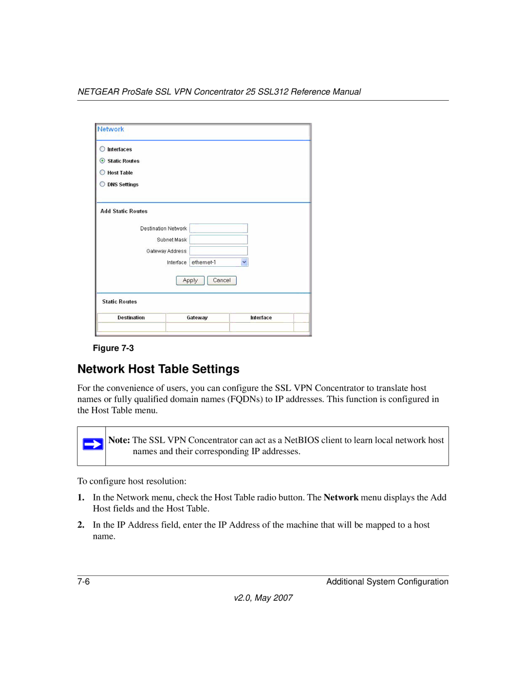 NETGEAR SSL312 manual Network Host Table Settings 