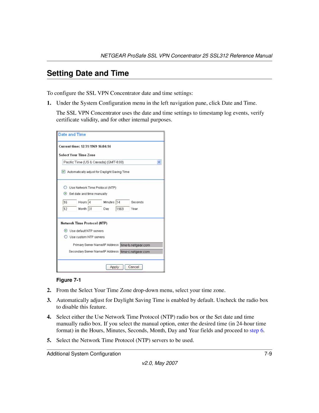 NETGEAR SSL312 manual Setting Date and Time 