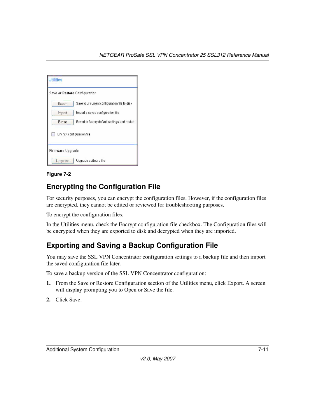 NETGEAR SSL312 manual Encrypting the Configuration File, Exporting and Saving a Backup Configuration File 