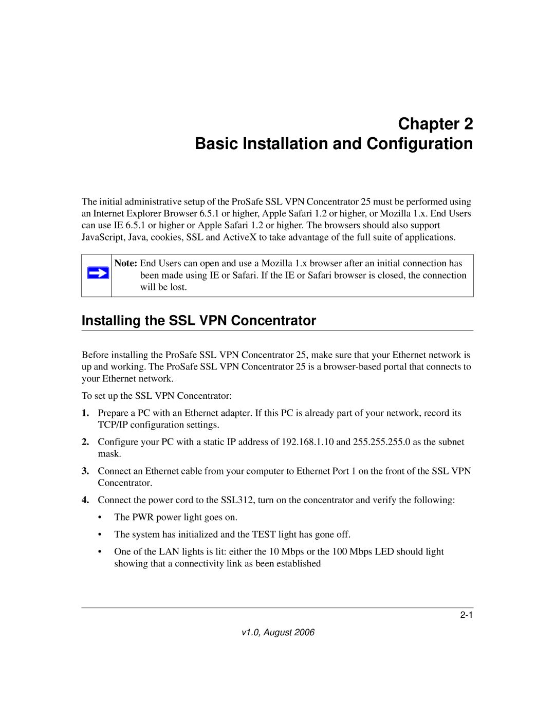 NETGEAR SSL312 manual Chapter Basic Installation and Configuration, Installing the SSL VPN Concentrator 