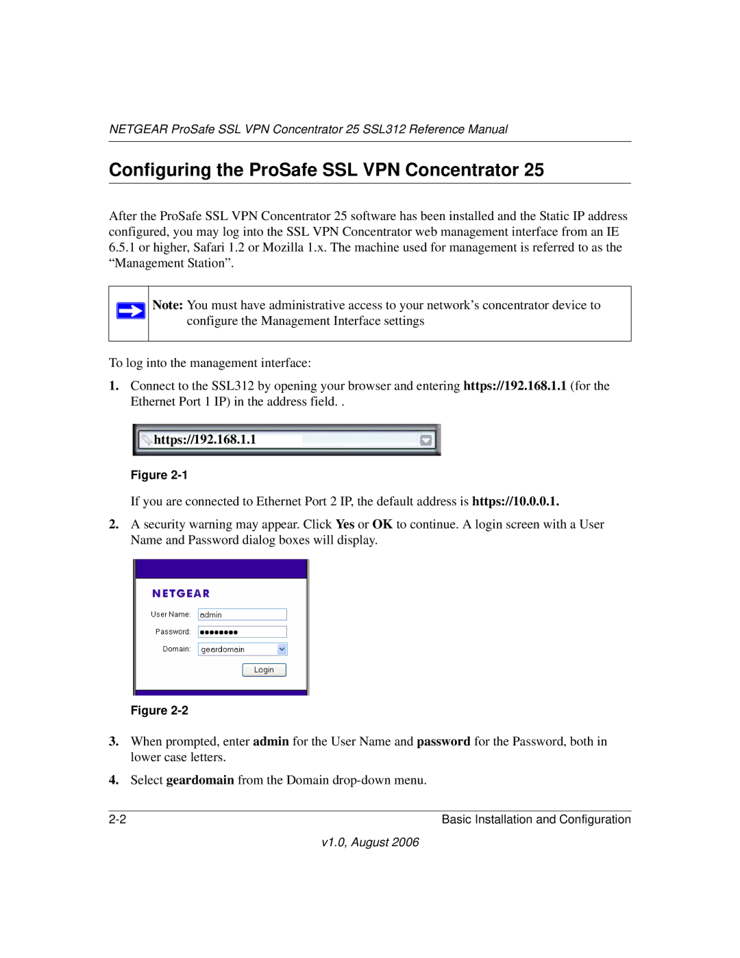 NETGEAR SSL312 manual Configuring the ProSafe SSL VPN Concentrator, Https//192.168.1.1 