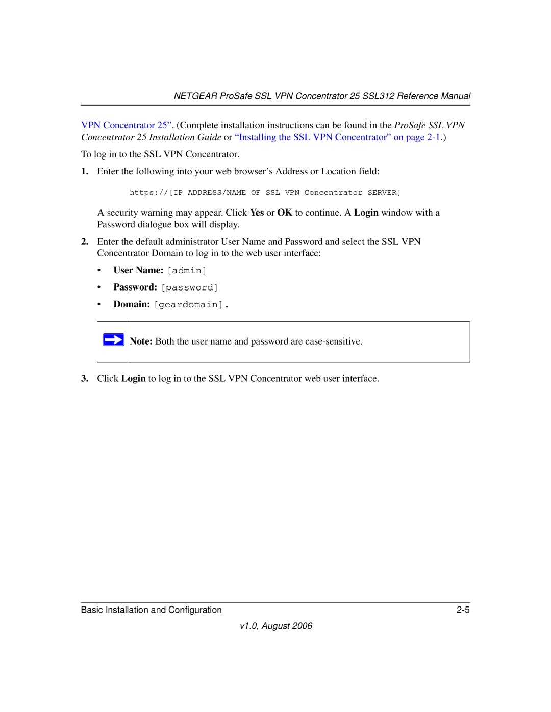 NETGEAR SSL312 manual User Name admin Password password 