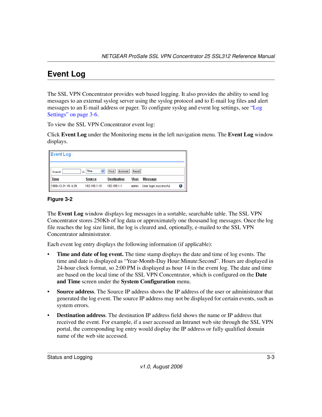 NETGEAR SSL312 manual Event Log 