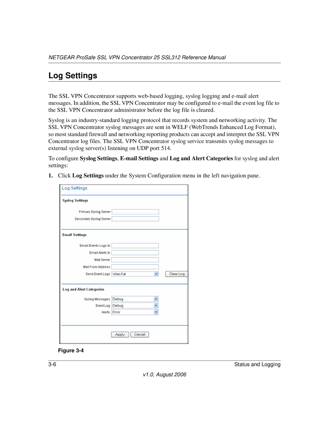 NETGEAR SSL312 manual Log Settings 