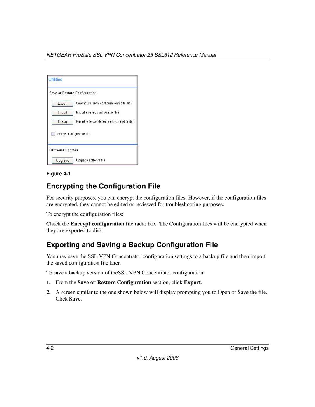 NETGEAR SSL312 manual Encrypting the Configuration File, Exporting and Saving a Backup Configuration File 