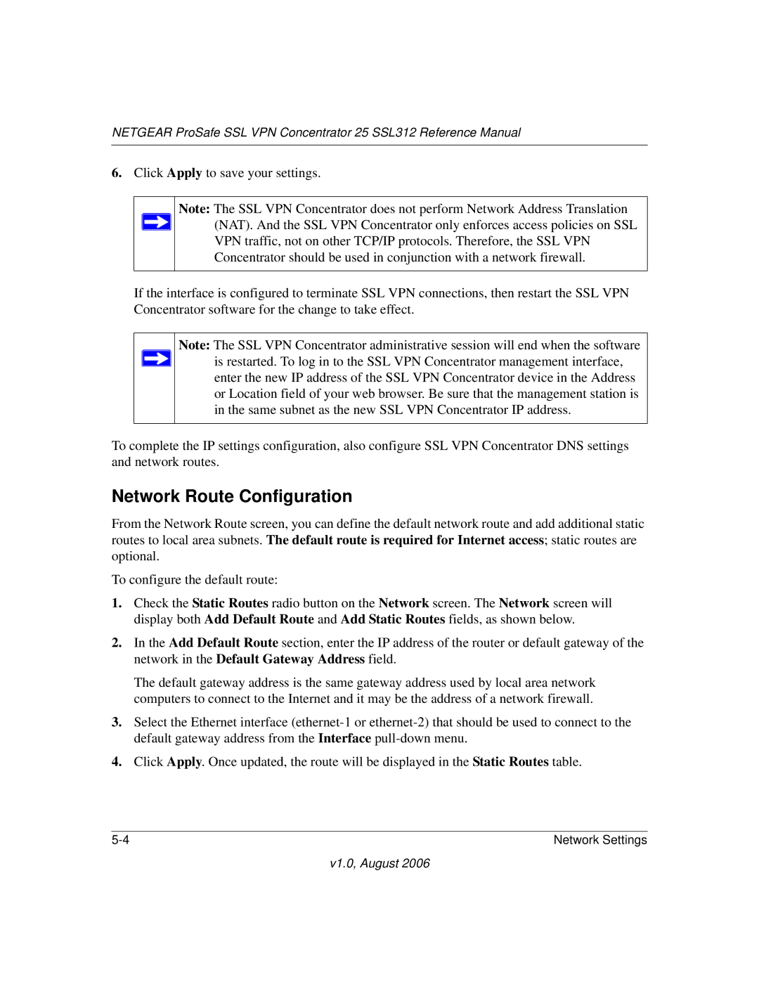 NETGEAR SSL312 manual Network Route Configuration, Click Apply to save your settings 