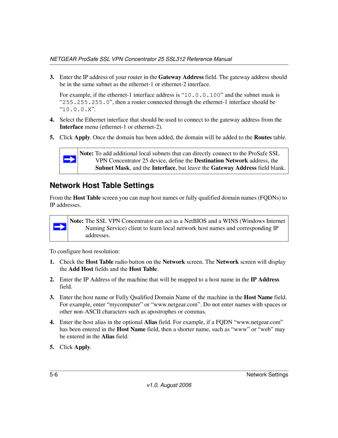 NETGEAR SSL312 manual Network Host Table Settings 