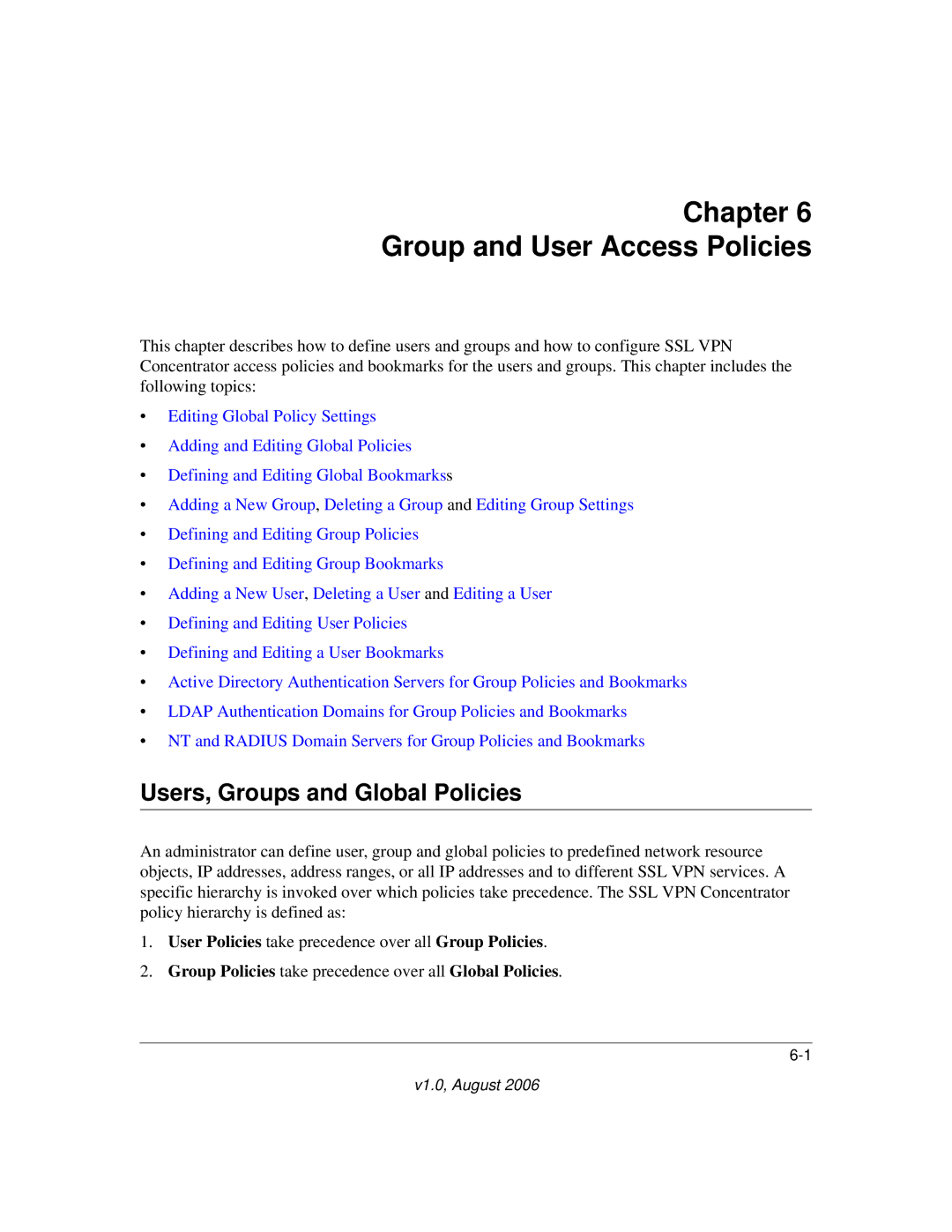 NETGEAR SSL312 manual Chapter Group and User Access Policies, Users, Groups and Global Policies 