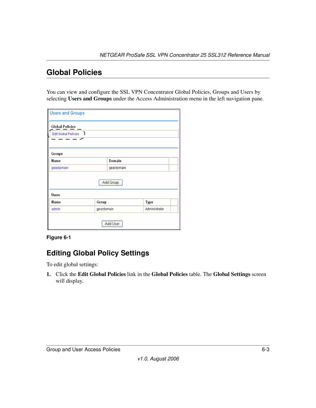 NETGEAR SSL312 manual Global Policies, Editing Global Policy Settings 