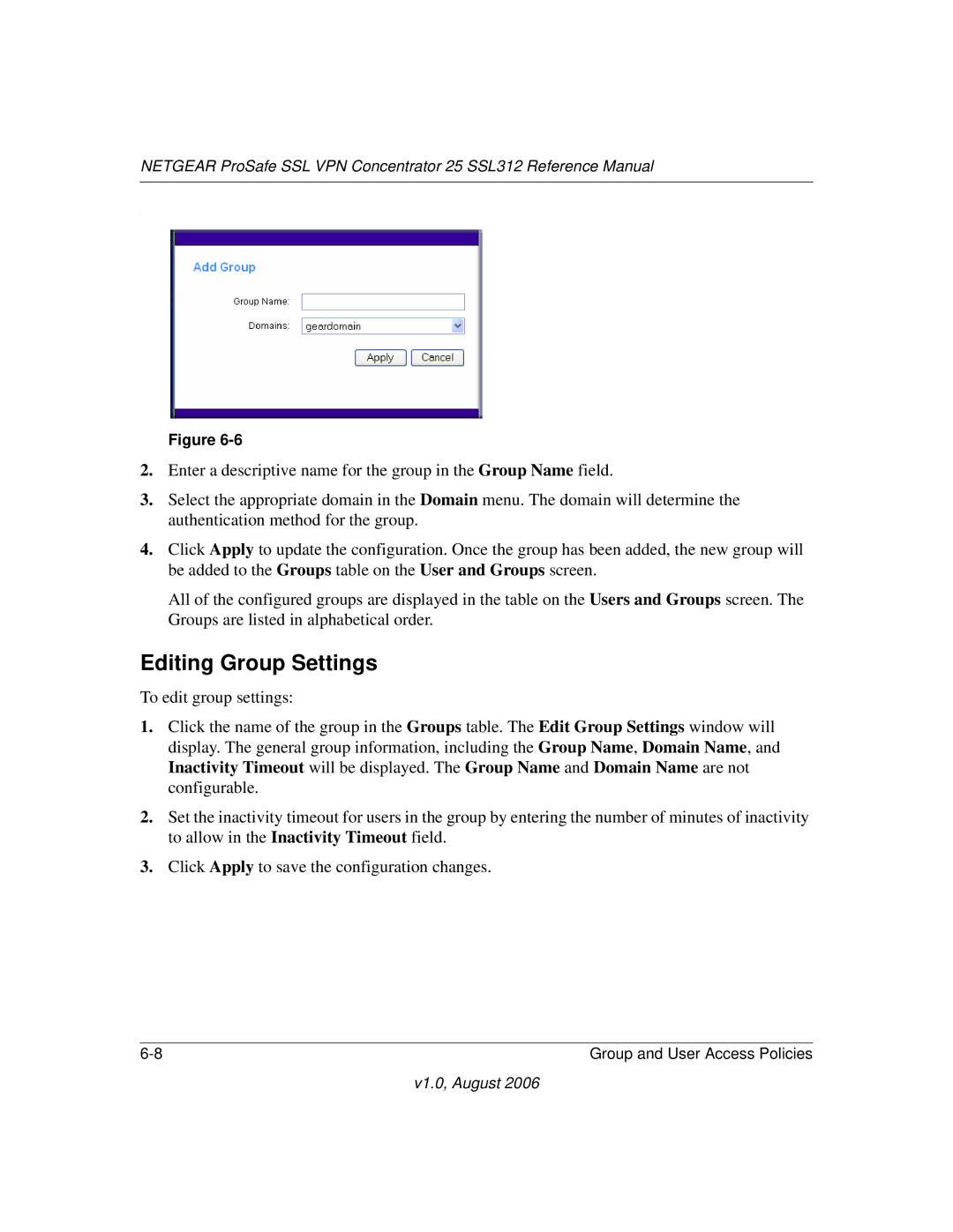 NETGEAR SSL312 manual Editing Group Settings 