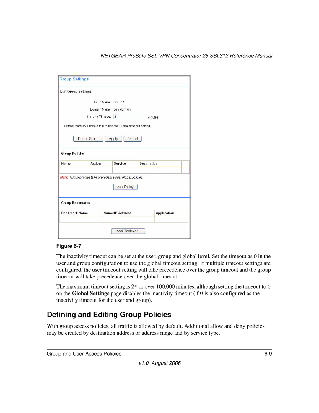 NETGEAR SSL312 manual Defining and Editing Group Policies 