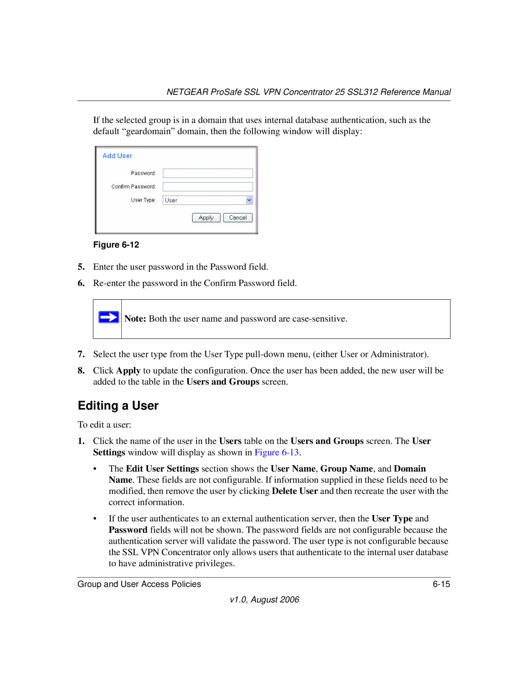 NETGEAR SSL312 manual Editing a User 