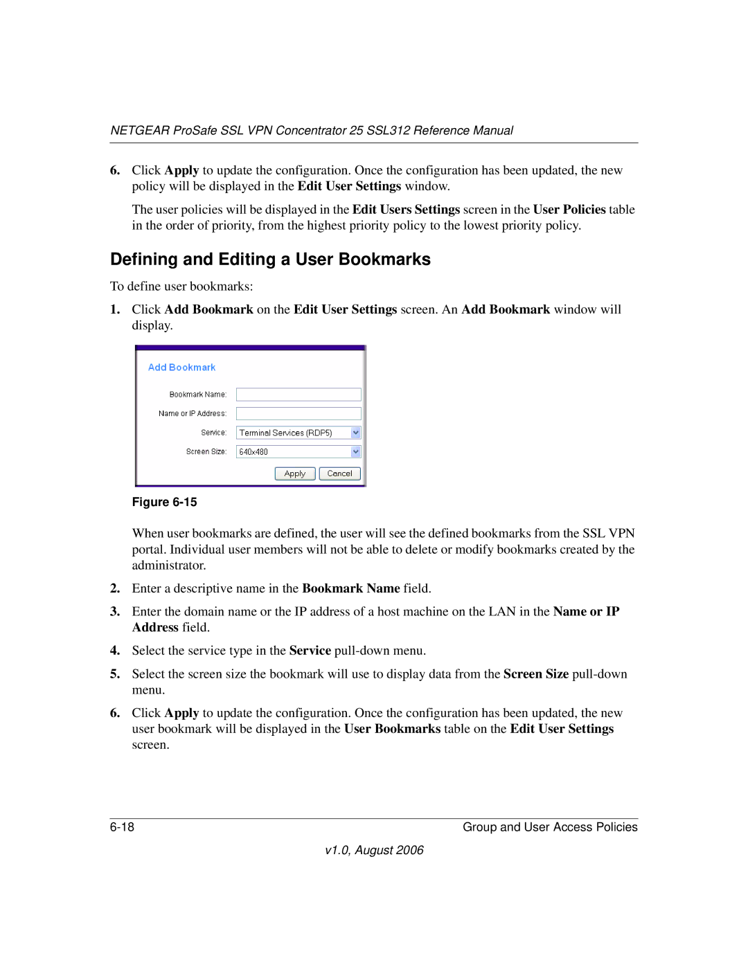 NETGEAR SSL312 manual Defining and Editing a User Bookmarks 