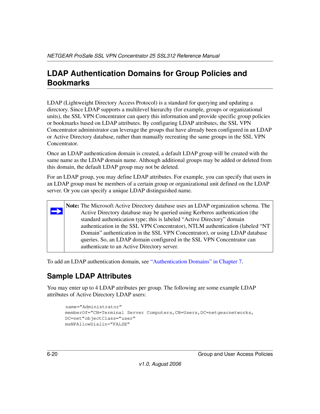 NETGEAR SSL312 manual Ldap Authentication Domains for Group Policies and Bookmarks, Sample Ldap Attributes 