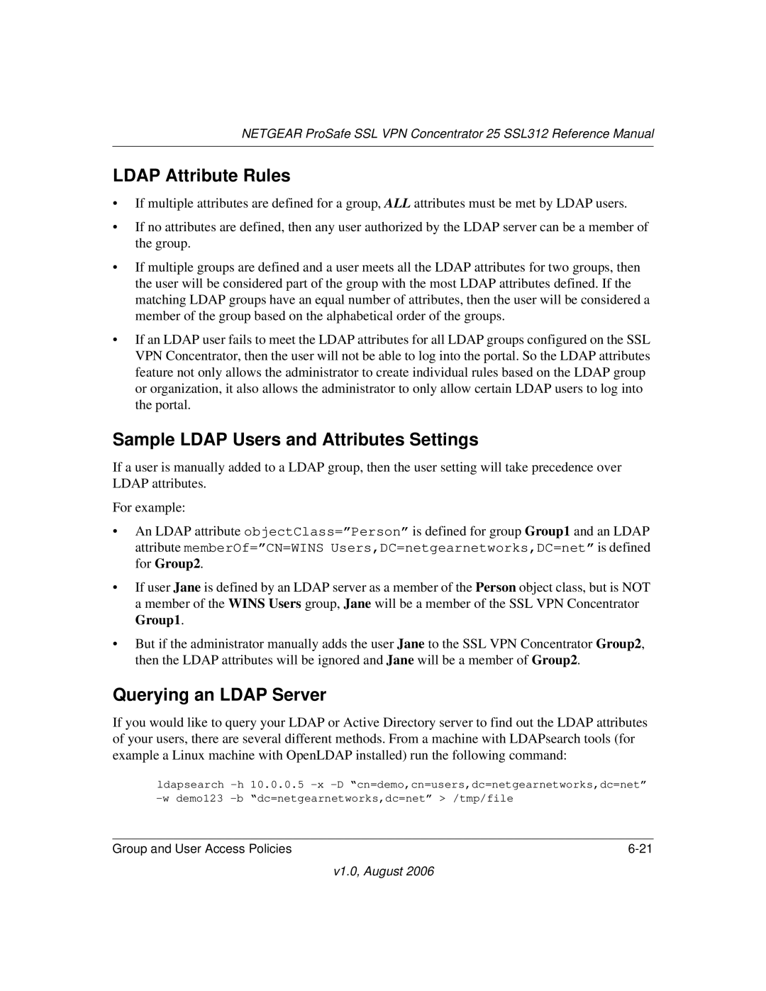 NETGEAR SSL312 manual Ldap Attribute Rules, Sample Ldap Users and Attributes Settings, Querying an Ldap Server 