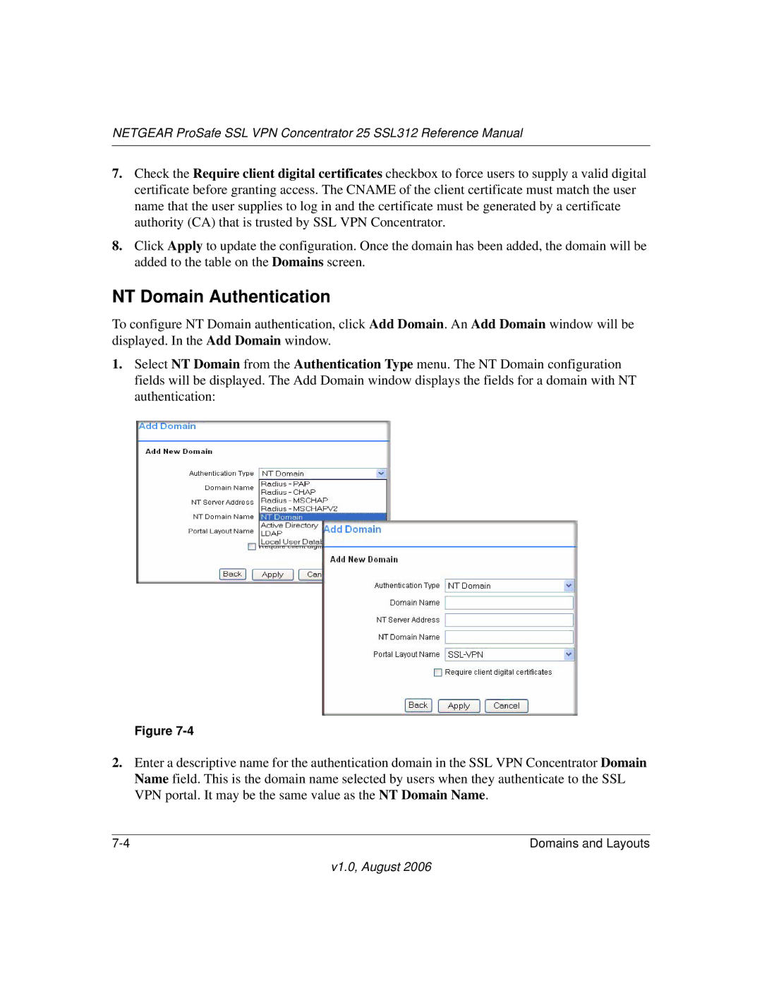 NETGEAR SSL312 manual NT Domain Authentication 