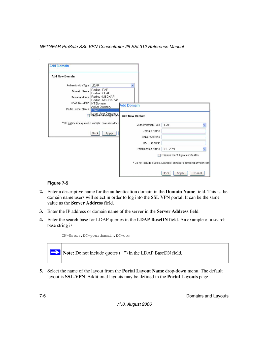 NETGEAR SSL312 manual CN=Users,DC=yourdomain,DC=com 