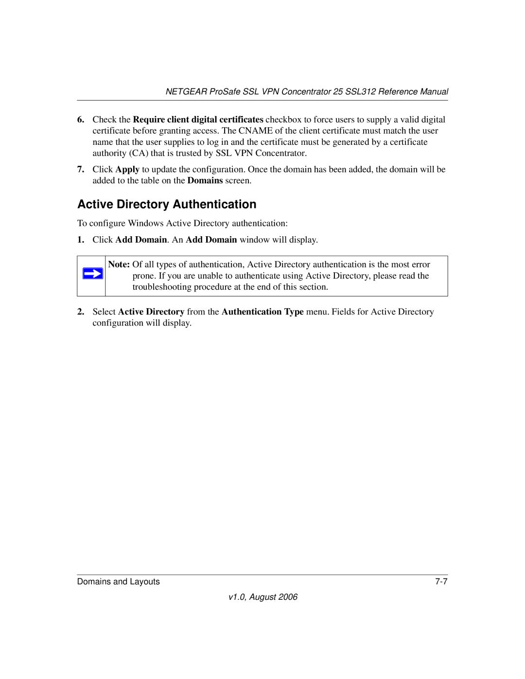 NETGEAR SSL312 manual Active Directory Authentication 