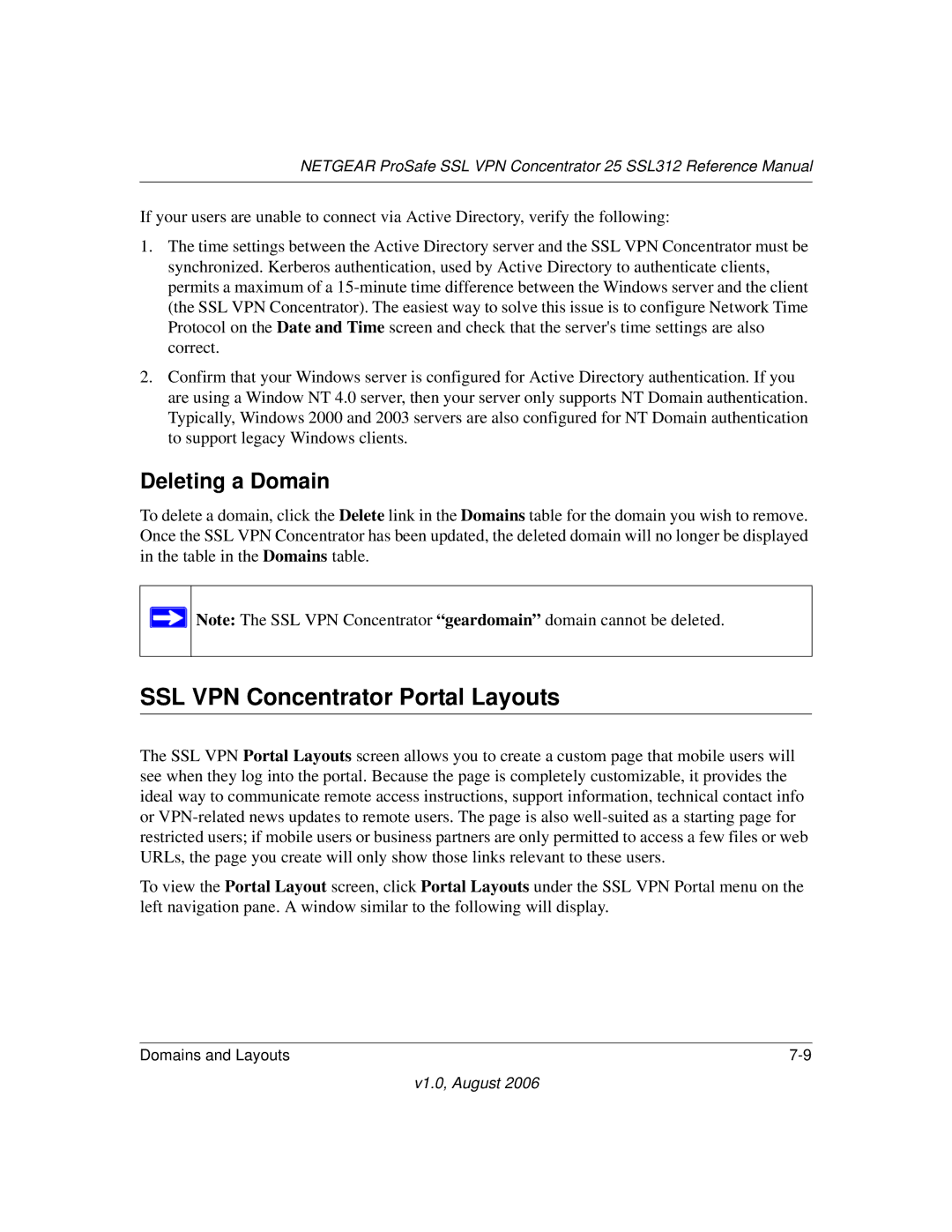 NETGEAR SSL312 manual SSL VPN Concentrator Portal Layouts, Deleting a Domain 