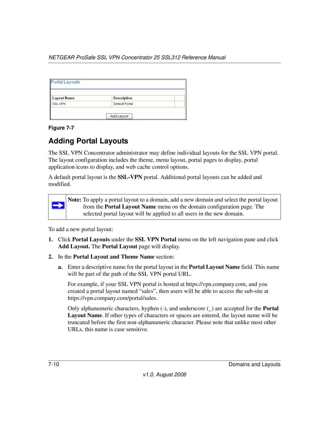 NETGEAR SSL312 manual Adding Portal Layouts, Portal Layout and Theme Name section 