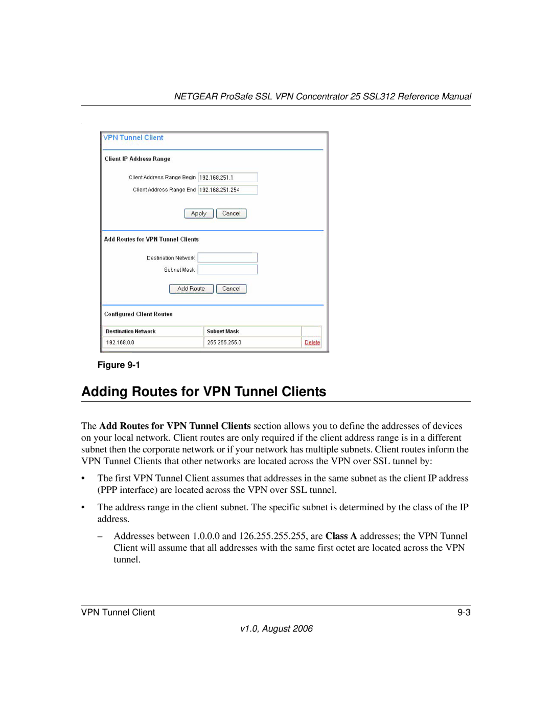 NETGEAR SSL312 manual Adding Routes for VPN Tunnel Clients 