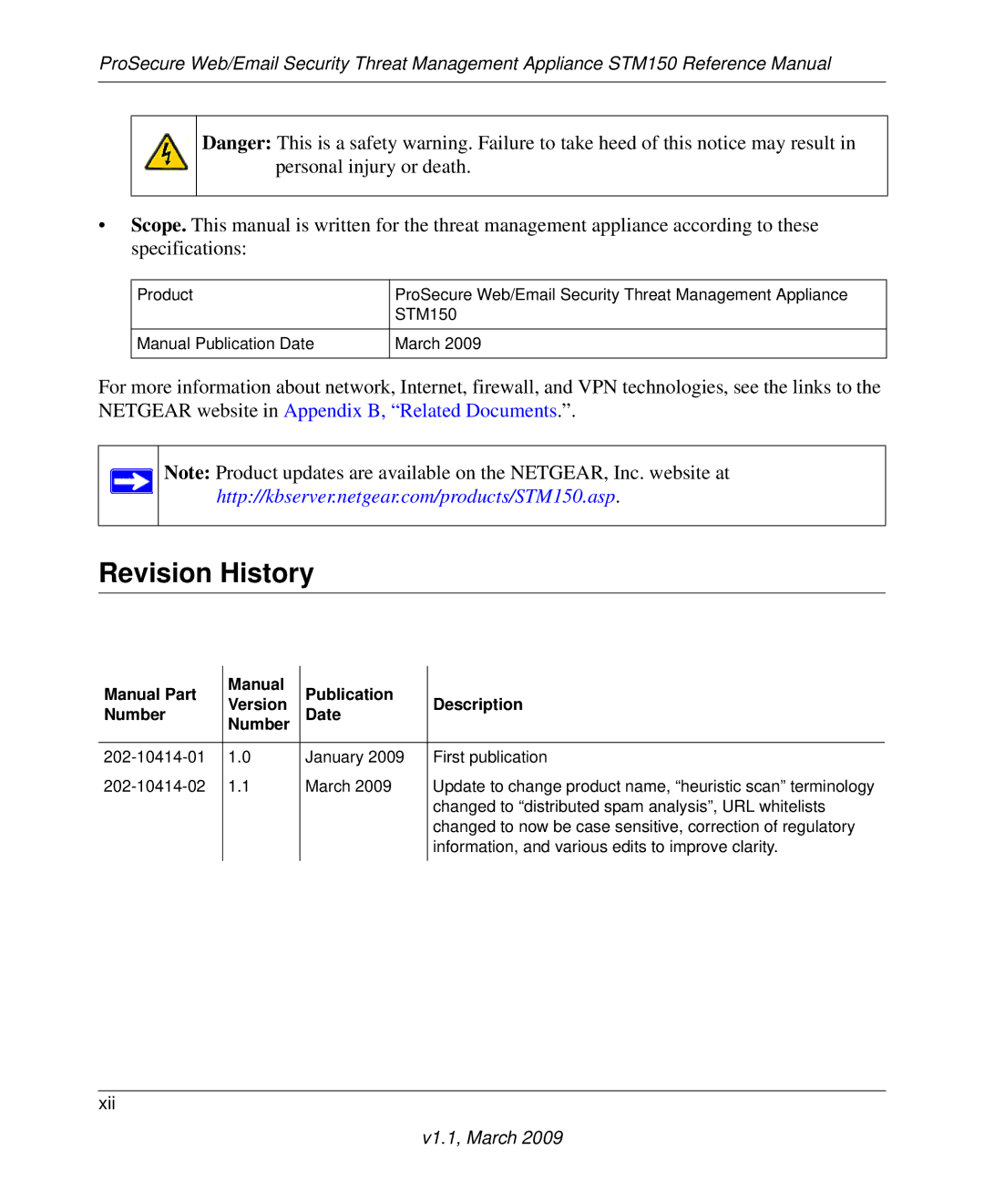 NETGEAR STM150EW3-100NAS manual Revision History, Manual Part Publication Version Description Number Date 