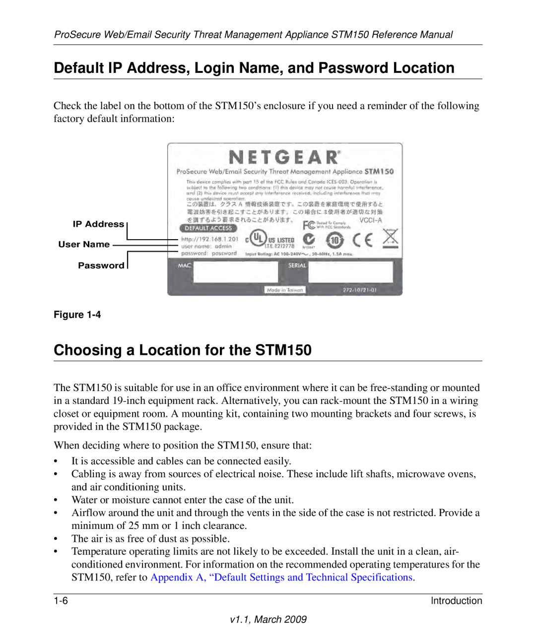 NETGEAR STM150EW3-100NAS manual Default IP Address, Login Name, and Password Location, Choosing a Location for the STM150 